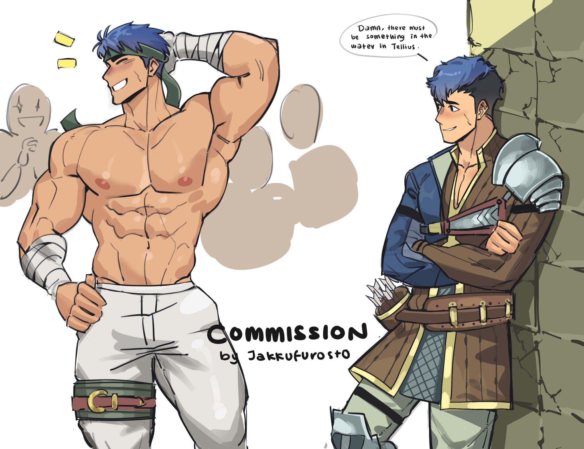 jakkufurosto, ike (fire emblem), python (fire emblem), fire emblem, fire emblem: radiant dawn, fire emblem echoes: shadows of valentia, fire emblem heroes, nintendo, commentary, commission, english commentary, highres, 2boys, abs, against wall, arm behind head, bara, blue hair, closed eyes, crossed arms, grin, large pectorals, male focus, multiple boys, muscular, muscular male, nipples, pectorals, short hair, smile, speech bubble, topless male, twitter username