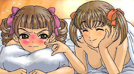fukuzawa yumi, matsudaira touko, maria-sama ga miteru, artist request, lowres, 00s, 2girls, ^ ^, annoyed, blanket, blush, bow, breasts, brown hair, closed eyes, drill hair, hair bow, hair ribbon, happy, head rest, indoors, multiple girls, nipples, nude, oekaki, pillow, poking, ribbon, short hair, short twintails, small nipples, smile, twintails, under covers, yuri