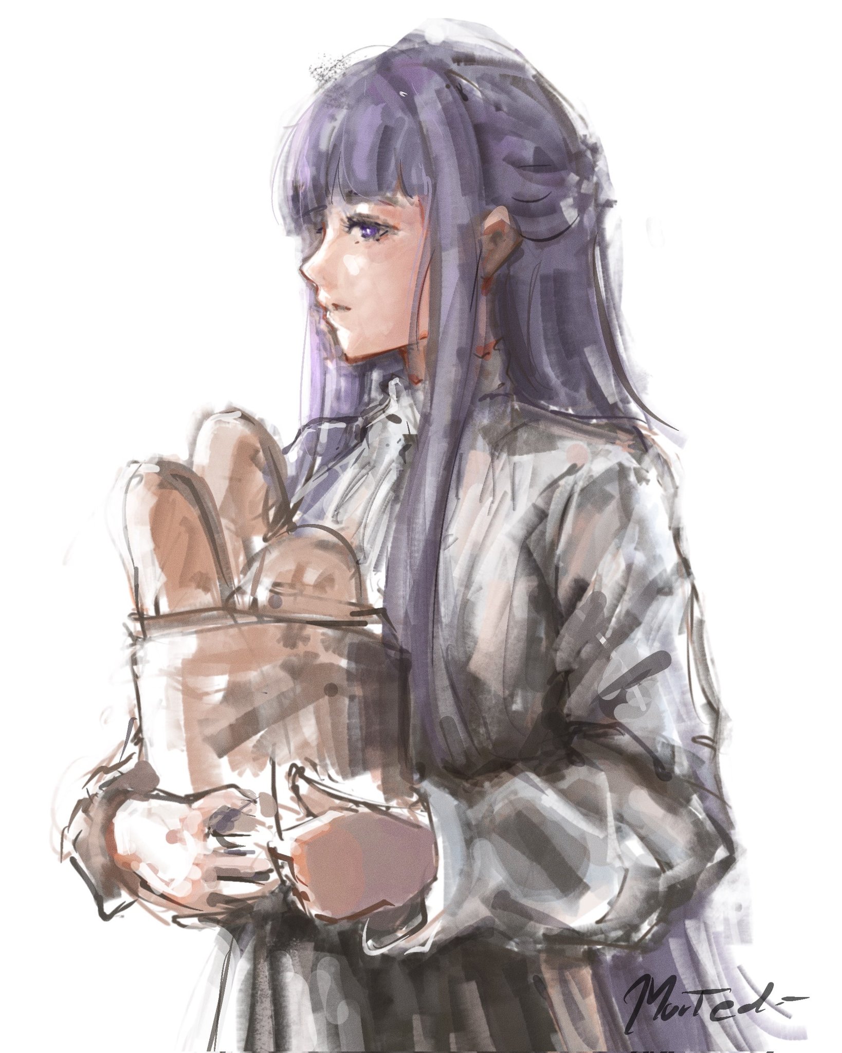 fern (sousou no frieren), sousou no frieren, commentary, english commentary, highres, 1girl, bag, baguette, black robe, blunt bangs, bread, closed mouth, food, from side, holding, holding bag, long hair, morted art, painterly, paper bag, profile, purple eyes, purple hair, robe, signature, simple background, solo, very long hair, white background
