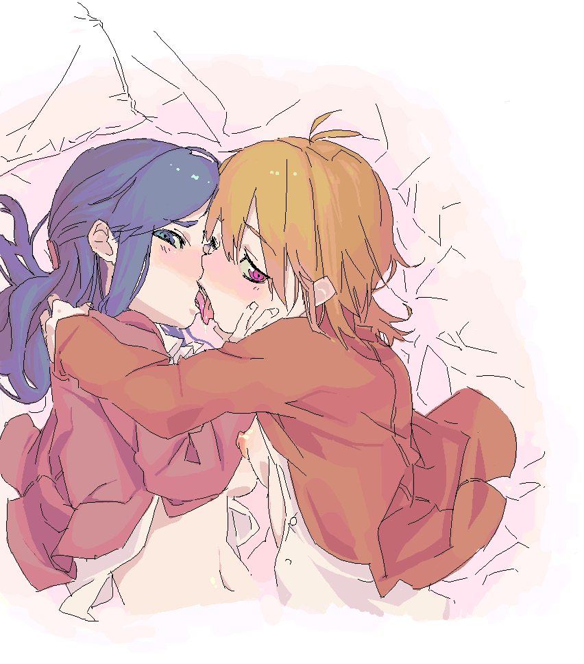 misumi nagisa, yukishiro honoka, futari wa precure, precure, 00s, 2girls, bed, breasts, brown hair, hair ornament, hairclip, long hair, multiple girls, nipples, purple eyes, purple hair, red eyes, saliva, school uniform, serafuku, short hair, small breasts, tongue, yuri