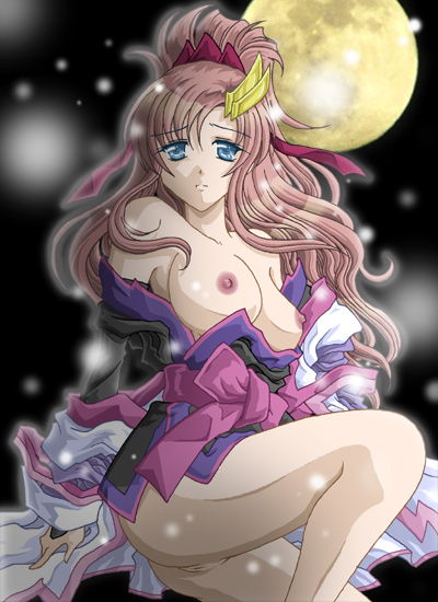 nankyoku, lacus clyne, gundam, gundam seed, gundam seed destiny, 00s, 1girl, blue eyes, bottomless, breasts, female focus, hair ornament, hairpin, long hair, nipples, off shoulder, pink hair, pussy, solo, split mouth, topless female, uncensored