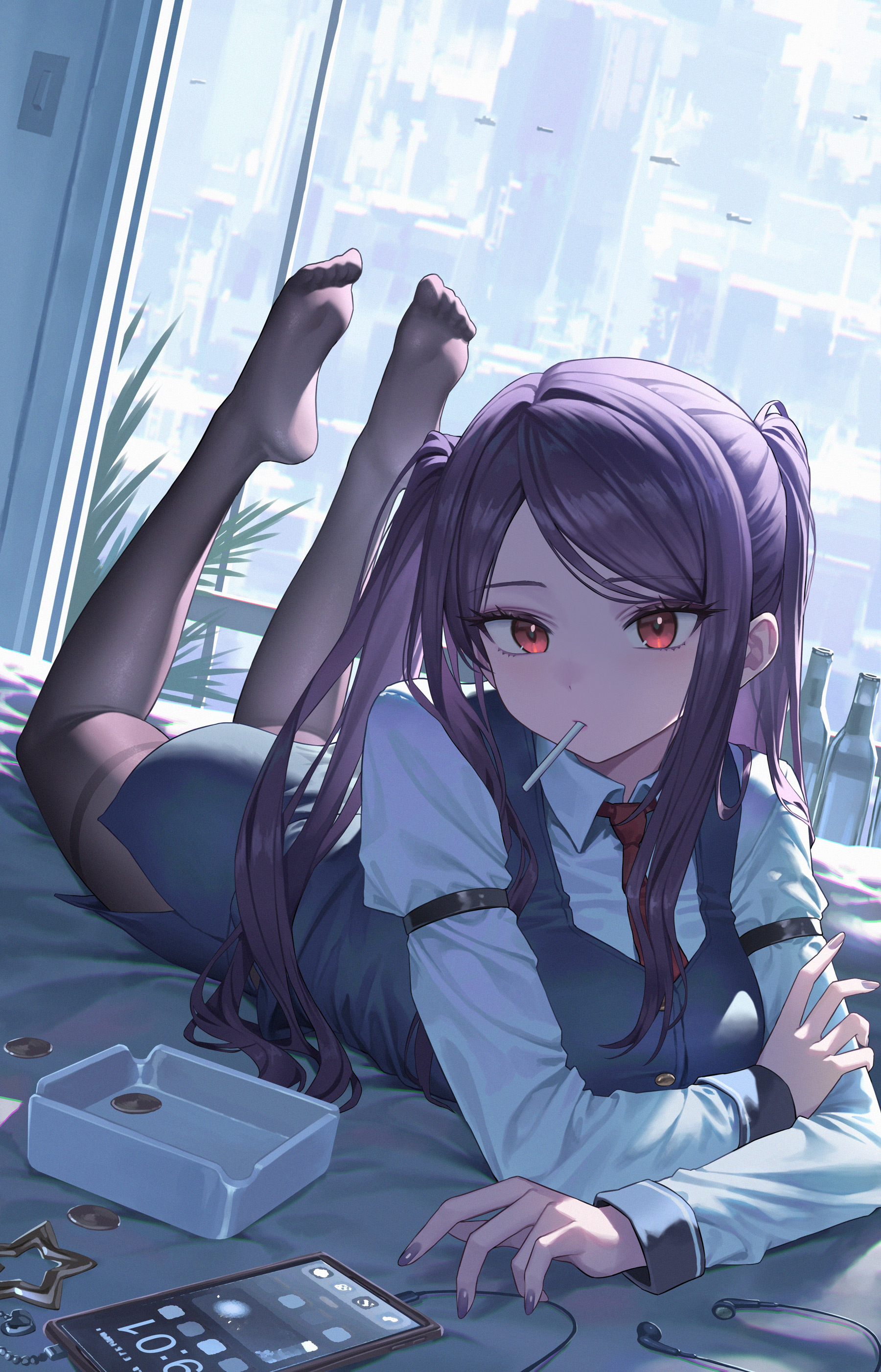 xzu, jill stingray, va-11 hall-a, absurdres, commentary, highres, 1girl, ashtray, bed sheet, black pantyhose, cigarette, city, earphones, indoors, long hair, looking at viewer, lying, necktie, on bed, on stomach, pantyhose, pencil skirt, phone, purple hair, red eyes, red necktie, shirt, skirt, skirt set, soles, solo, swept bangs, twintails, white shirt