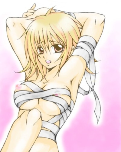 nankyoku, cagalli yula athha, gundam, gundam seed, sunrise (company), lowres, 00s, 1girl, :o, areola slip, armpits, arms behind head, arms up, bandages, blonde hair, breasts, female focus, flipped hair, gradient background, groin, hair between eyes, large breasts, leg up, looking at viewer, naked bandage, naked ribbon, nipple slip, nipples, nude, open mouth, outline, pinky out, puffy nipples, purple background, ribbon, seed, short hair, solo, yellow eyes