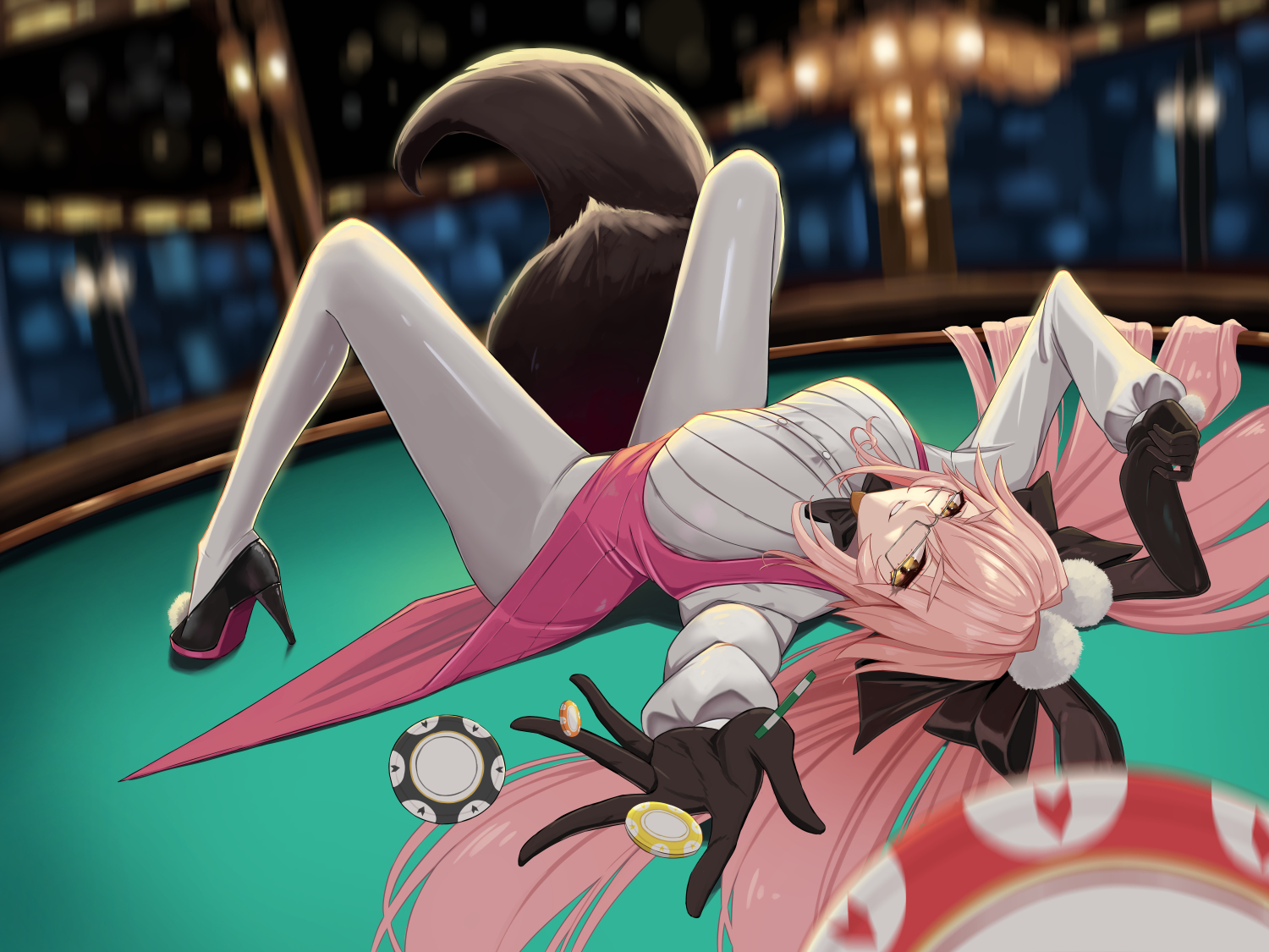 kapi-san, koyanskaya (fate), tamamo (fate), fate/grand order, fate (series), commentary, 1girl, breasts, casino card table, fox girl, glasses, gloves, grin, high heels, leotard, long hair, long sleeves, looking at viewer, on table, pantyhose, playboy bunny, smile, solo, table, tail, white gloves, white pantyhose, yellow eyes