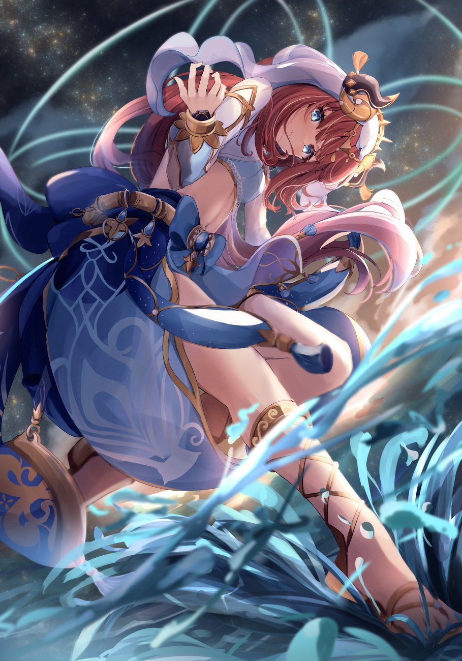 nagominagon, nilou (genshin impact), genshin impact, commentary request, highres, 1girl, aqua eyes, black horns, blue skirt, crop top, fake horns, gladiator sandals, harem outfit, horns, long hair, looking at viewer, midriff, red hair, sandals, skirt, solo, veil, white veil