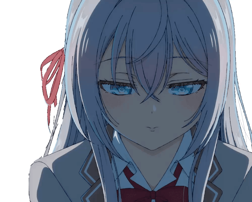 alisa mikhailovna kujou, tokidoki bosotto roshia-go de dereru tonari no alya-san, absurdres, animated, animated gif, anime screenshot, highres, 1girl, blazer, blue eyes, blush, bowtie, brown jacket, closed eyes, dot nose, female focus, grey hair, hair ornament, hair ribbon, jacket, kiss, leaning forward, long hair, long sleeves, looking at viewer, open mouth, pov, pov kiss, red bow, red bowtie, red ribbon, ribbon, school uniform, shirt, shirt under jacket, simple background, solo, solo focus, white background, white shirt