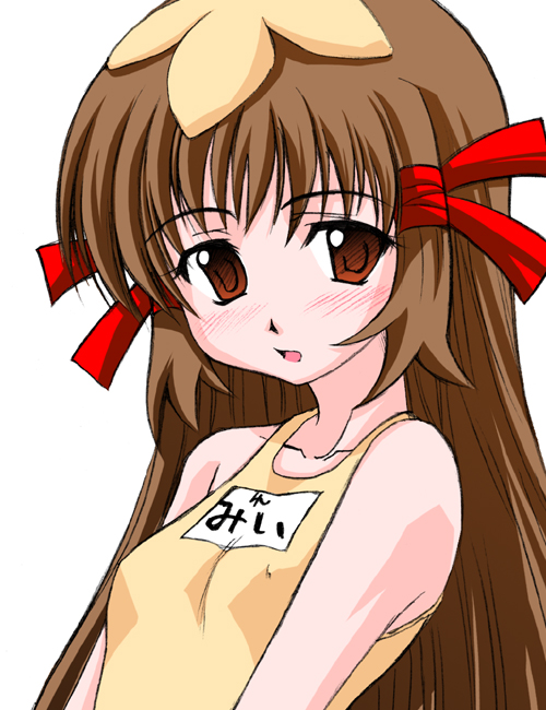 rikumoto yoshiyuki, re mii, zoids, zoids genesis, 00s, 1girl, :o, breasts, brown eyes, brown hair, covered erect nipples, embarrassed, female focus, hair ornament, hair ribbon, loli, long hair, name tag, one-piece swimsuit, open mouth, ribbon, school swimsuit, simple background, small breasts, solo, swimsuit, tress ribbon, upper body, white background, yellow one-piece swimsuit