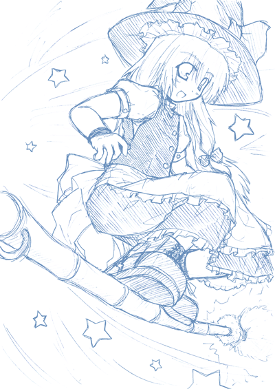 etogami kazuya, kirisame marisa, touhou, 1girl, bamboo broom, blue theme, broom, broom riding, broom surfing, female focus, hat, monochrome, solo, star (symbol), star symbol background, witch hat