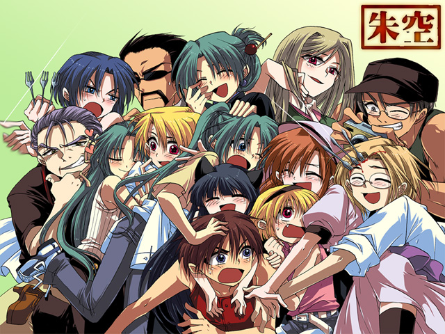 fujitaka (akasora), chie rumiko, furude rika, houjou satoko, houjou satoshi, irie kyousuke, kasai tatsuyoshi, maebara keiichi, ooishi kuraudo, ryuuguu rena, sonozaki akane, sonozaki mion, sonozaki shion, takano miyo, tomitake jirou, higurashi no naku koro ni, hand on head, duplicate, 00s, 5boys, 6+girls, ^ ^, angry, between fingers, black hair, bleeding, blonde hair, blood, blue eyes, blue hair, blush, bow, brother and sister, brown hair, camera, closed eyes, denim, earrings, everyone, fang, fork, glasses, glomp, gradient background, green hair, happy, heart, holding, hug, hug from behind, jeans, jewelry, long hair, mother and daughter, multiple boys, multiple girls, open mouth, pants, ponytail, red eyes, scared, shirt, shoes, short sleeves, siblings, sisters, sleeveless, smile, smirk, sneakers, sweatdrop, twins, very long hair, wince