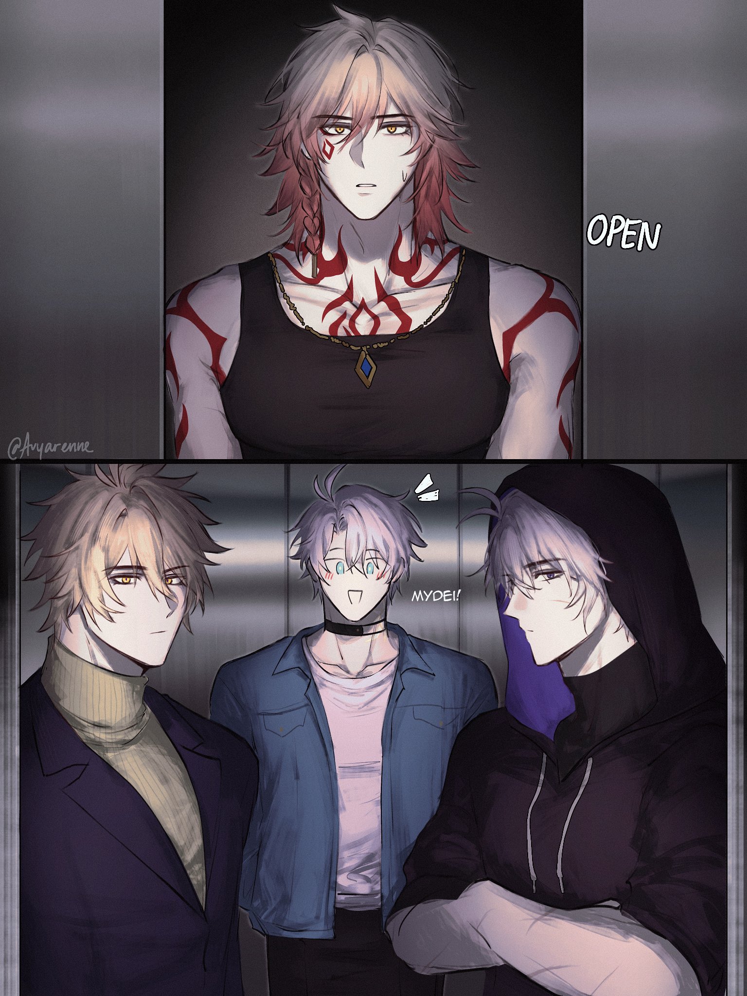 avyarenne, flame reaver of the deepest dark, mydei (honkai: star rail), phainon (honkai: star rail), phainon (khaslana) (honkai: star rail), honkai: star rail, honkai (series), hashtag-only commentary, highres, 4boys, antenna hair, arm tattoo, black choker, black hoodie, black jacket, black tank top, blonde hair, blue eyes, blue shirt, braid, chest tattoo, choker, crossed arms, facial tattoo, gradient hair, hair between eyes, hood, hood up, hoodie, jacket, male focus, medium hair, multicolored hair, multiple boys, multiple persona, open clothes, open shirt, parted bangs, red hair, red tattoo, shirt, short hair, side braid, sweater, tank top, tattoo, white hair, white shirt, yellow eyes, yellow sweater