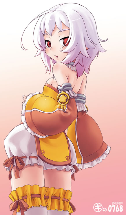 kei jiei, penne, original, silver hair, 1girl, ahoge, bad anatomy, bad proportions, breasts, detached sleeves, female focus, frilled thigh strap, looking back, miniskirt, open mouth, panties, pantyshot, poorly drawn, red eyes, short hair, sideboob, skirt, small breasts, solo, standing, thigh strap, thighhighs, underwear, upskirt, zettai ryouiki