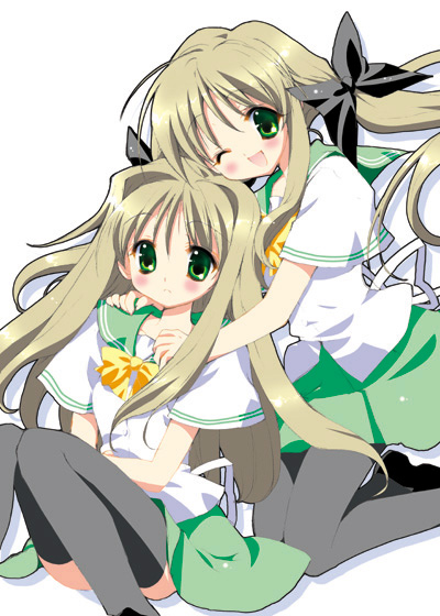 nekoyashiki nekomaru, shirogane sara, shirogane souju, futakoi, futakoi alternative, 00s, 2girls, black thighhighs, blonde hair, blush, bow, frown, green eyes, hair ribbon, hug, hug from behind, kneeling, long hair, multiple girls, one eye closed, ribbon, school uniform, serafuku, siblings, sisters, sitting, skirt, thighhighs, twins, twintails, very long hair, wink