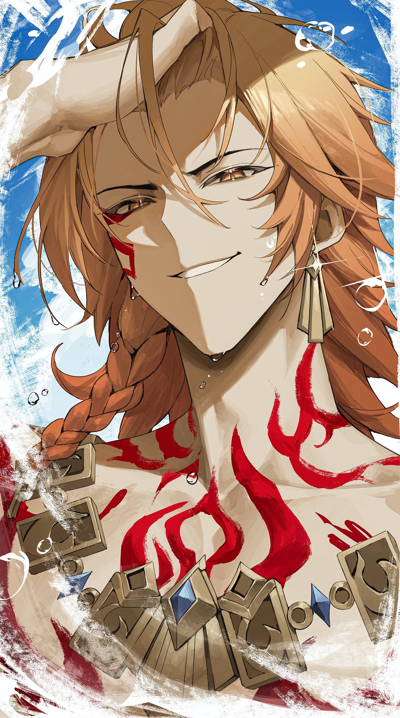 g5 (g5 gugu), mydei (honkai: star rail), honkai: star rail, honkai (series), absurdres, hashtag-only commentary, highres, 1boy, blonde hair, braid, chest tattoo, earrings, facial tattoo, gold earrings, gold necklace, gradient hair, hair between eyes, hand in own hair, jewelry, looking at viewer, male focus, medium hair, multicolored hair, necklace, red hair, red tattoo, side braid, smirk, solo, tattoo, topless male, yellow eyes