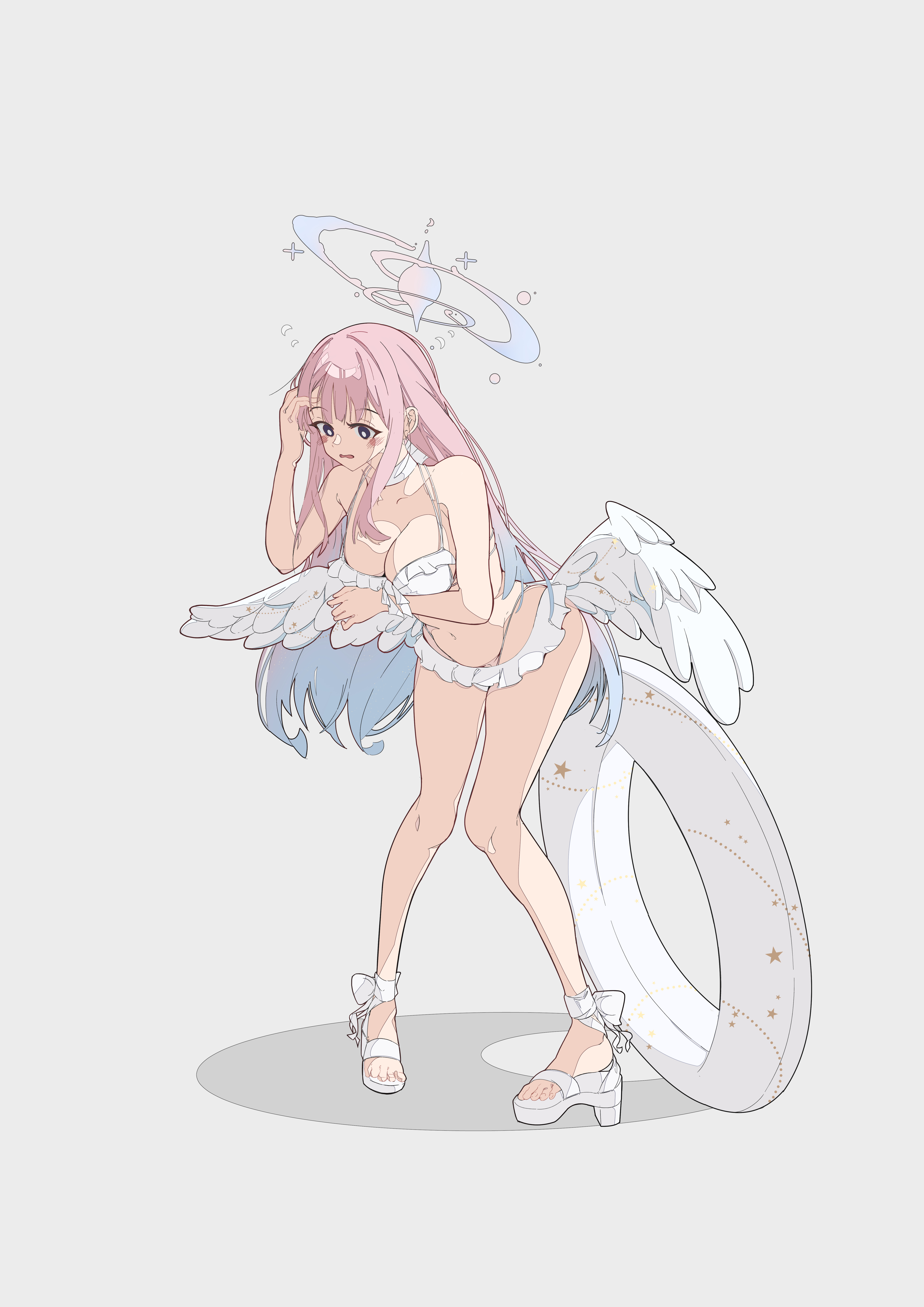 mika (blue archive), mika (swimsuit) (blue archive), blue archive, absurdres, highres, 1girl, adjusting hair, bikini, blue hair, blue halo, blush, breasts, choker, feathered wings, frilled bikini, frills, gradient hair, gradient halo, halo, hand on own head, high heel sandals, innertube, large breasts, leaning forward, long hair, looking down, low wings, mkboy, multicolored hair, multicolored halo, official alternate costume, official alternate hairstyle, pink hair, pink halo, sandals, simple background, solo, swim ring, swimsuit, thong bikini, white bikini, white choker, wide hips, wing ornament, wings