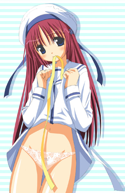 aikawa touma, shirakawa kotori, da capo, da capo i, 00s, 1girl, beret, female focus, hat, mouth hold, panties, solo, thigh gap, thighs, underwear, white panties