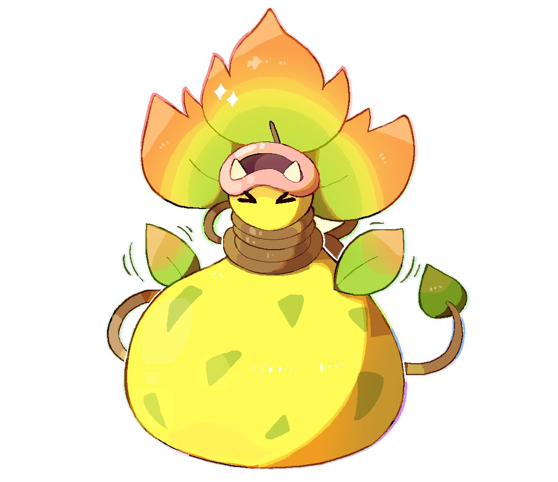 sleepy cheeky, mega victreebel, nintendo, pokemon, commentary, english commentary, > <, closed eyes, colored skin, fangs, full body, leaf, motion lines, no humans, pokemon (creature), pokemon focus, simple background, smile, teeth, white background, yellow skin