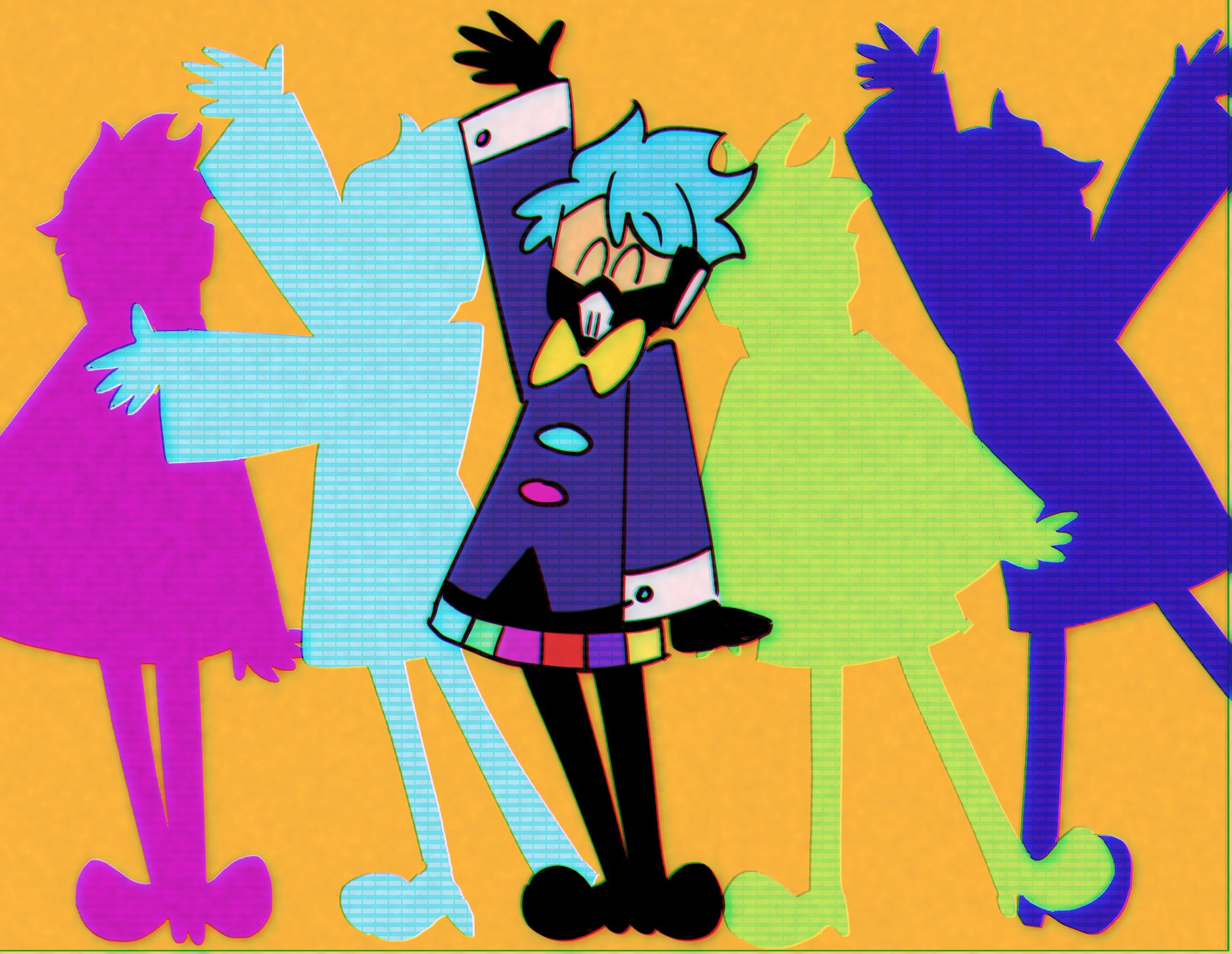ortho shroud, twisted wonderland, commentary, english commentary, highres, 1boy, ^ ^, alternate costume, arm at side, arm up, blue hair, blue jacket, bow, bowtie, buuufg, chromatic aberration, closed eyes, crossdressing, full body, jacket, knees apart feet together, male focus, mask, open hand, orange background, pleated skirt, rainbow skirt, respirator, scanlines, short hair, silhouette, single eyebrow, skirt, solo, spiked hair, static (vocaloid), toon (style), white sleeve cuffs, yellow bow, yellow bowtie