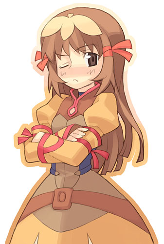 tanaka (cow), yamai (lsd), re mii, zoids, zoids genesis, lowres, 00s, 1girl, brown eyes, brown hair, cowboy shot, crossed arms, dress, female focus, frown, hair ornament, hair ribbon, juliet sleeves, long hair, long sleeves, one eye closed, puffy sleeves, ribbon, solo, standing
