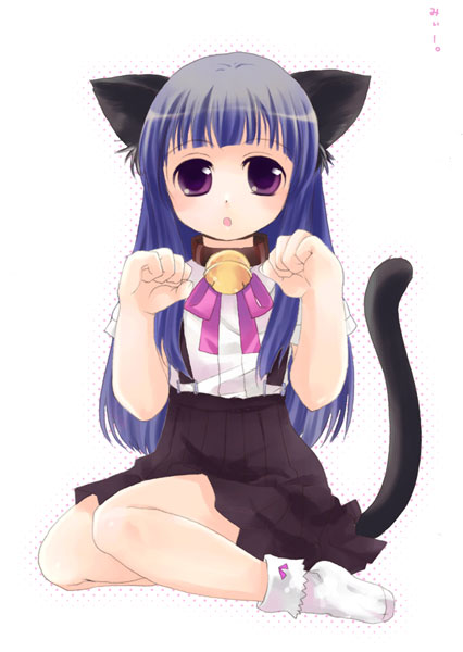 misaki kozue, furude rika, higurashi no naku koro ni, 00s, 1girl, animal ears, bell, blue hair, blunt bangs, bow, cat ears, cat tail, female focus, hime cut, jingle bell, long hair, paw pose, pink bow, purple eyes, sitting, skirt, socks, solo, suspender skirt, suspenders, tail
