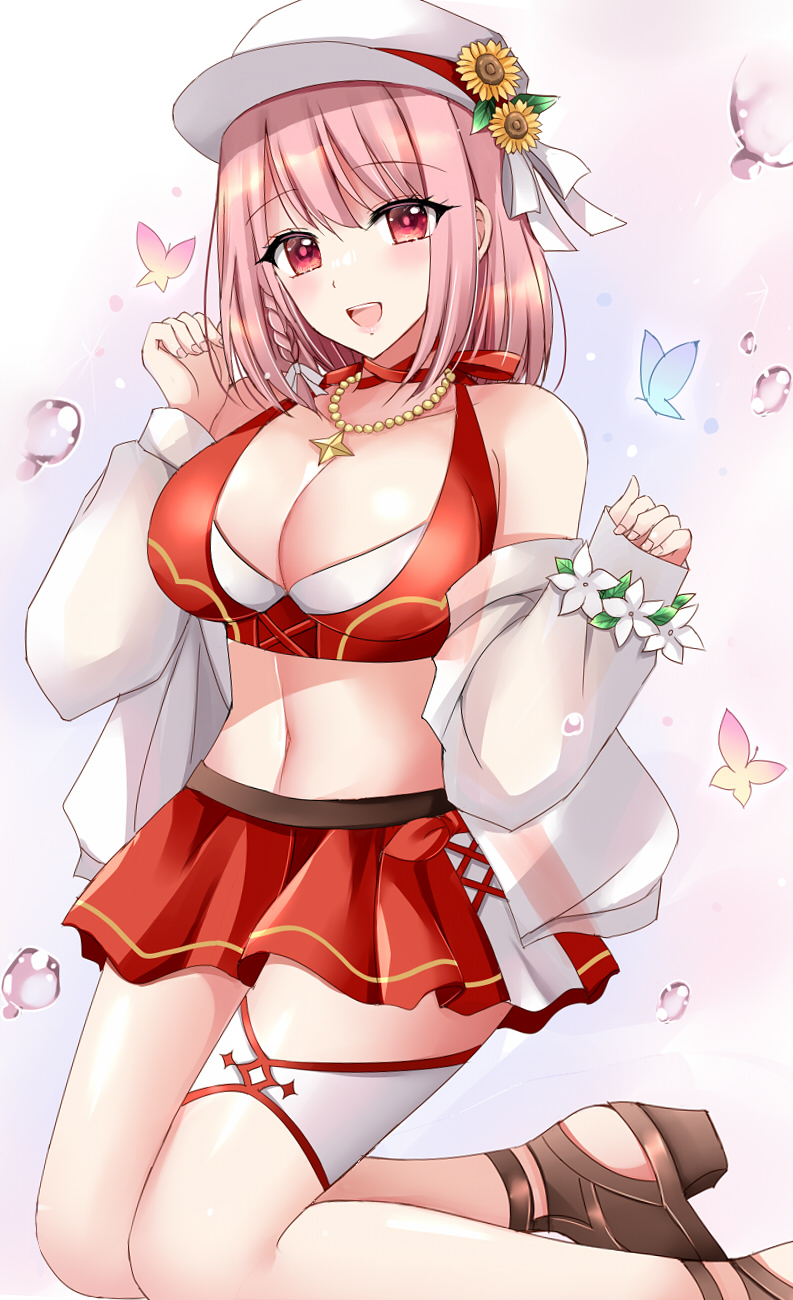 kirishima riona, lapis (fire emblem), lapis (forager of the sea) (fire emblem), fire emblem, fire emblem engage, fire emblem heroes, nintendo, highres, 1girl, bare legs, bikini, breasts, brown sandals, cleavage, flat cap, flower, hat, jacket, large breasts, official alternate costume, open mouth, pink eyes, pink hair, red bikini, sandals, see-through clothes, see-through jacket, solo, sunflower, swimsuit, two-tone hat, white hat, white jacket