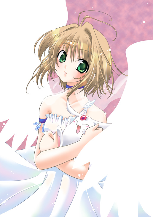 yukian, kinomoto sakura, mokona, sakura hime, cardcaptor sakura, tsubasa chronicle, 00s, 1990s (style), 1girl, ahoge, arm ribbon, blonde hair, blush, child, choker, collar, collarbone, dress, female focus, green eyes, hair intakes, head tilt, holding, looking at viewer, retro artstyle, ribbon, short hair, solo, wavy hair, white wings, wings