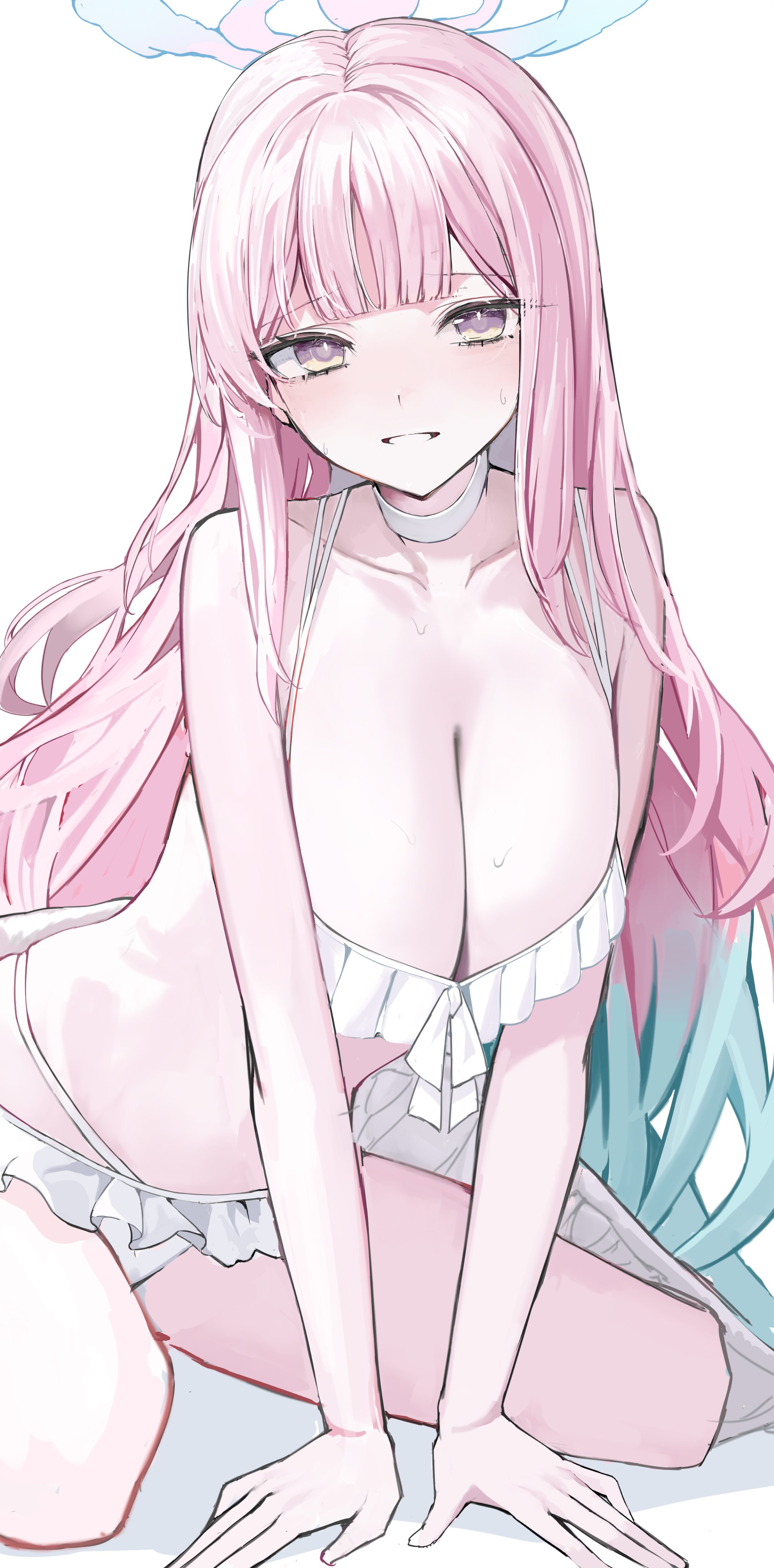 nephthys2356, mika (blue archive), mika (swimsuit) (blue archive), blue archive, absurdres, highres, 1girl, bikini, blue hair, blue halo, breasts, breasts squeezed together, choker, cleavage, frilled bikini, frills, gradient hair, gradient halo, halo, large breasts, looking at viewer, multicolored hair, multicolored halo, official alternate costume, official alternate hairstyle, pink hair, pink halo, simple background, smile, solo, swimsuit, teeth, thong bikini, wet, white bikini, white choker, yellow eyes