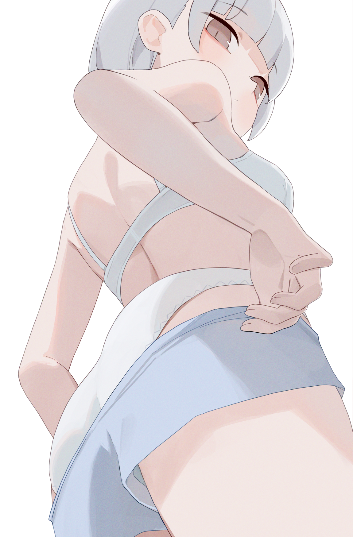 hiroki (yyqw7151), original, commentary request, highres, partial commentary, 1girl, ass, blue shorts, bra, brown eyes, closed mouth, clothes pull, from below, grey hair, looking at viewer, no shirt, panties, pulling own clothes, short hair, short shorts, shorts, shorts pull, simple background, solo, underwear, undressing, white background, white bra, white panties