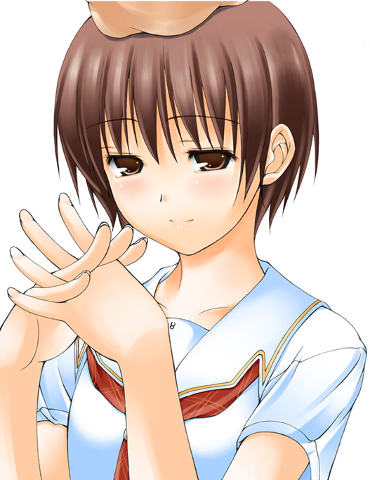 ribucci, satonaka narumi, kimi kiss, original, 1girl, brown eyes, brown hair, hand on another's head, interlocked fingers, school uniform, serafuku, short hair, simple background, solo focus, white background