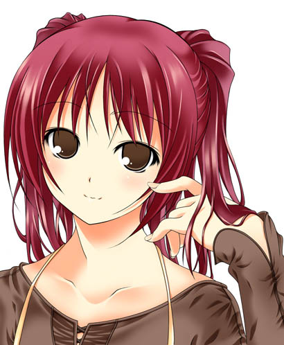 ribucci, kousaka tamaki, to heart (series), to heart 2, lowres, 00s, blush, brown eyes, casual, red hair, simple background, solo, white background