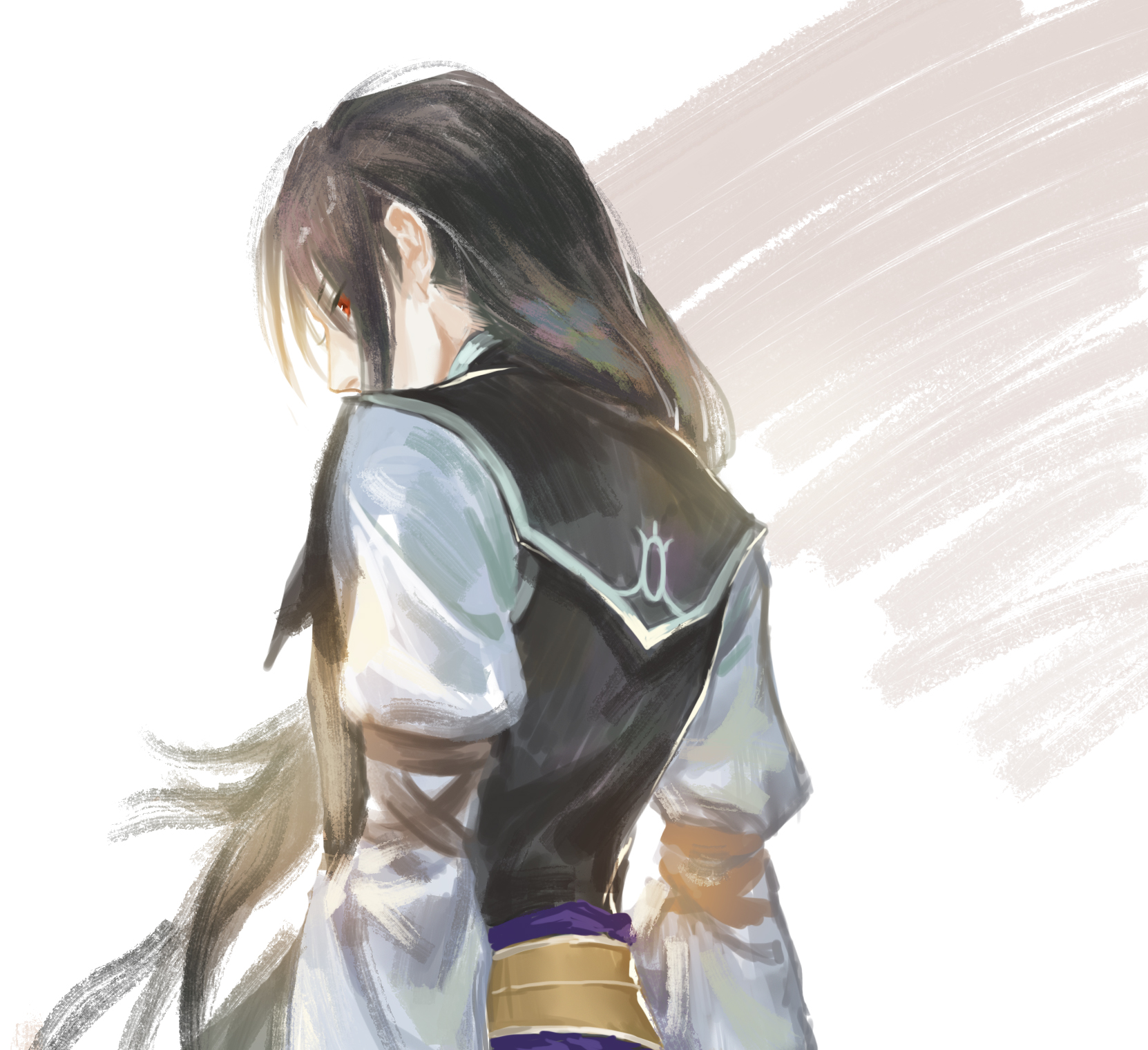novice (o novice), soren (fire emblem), fire emblem, fire emblem: radiant dawn, nintendo, commentary, highres, 1boy, black hair, capelet, from behind, long hair, looking down, male focus, red eyes, solo, very long hair