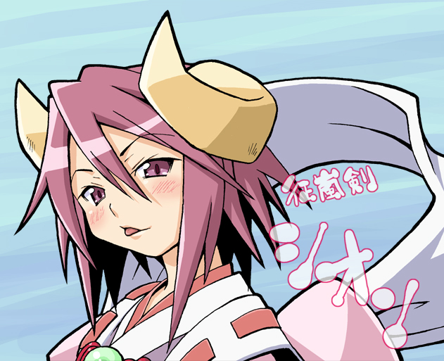 haganemaru kennosuke, seiranken shion (shinrabanshou), shion (shinrabanshou), shinrabanshou, 1girl, :p, blue background, blush, female focus, horns, pink eyes, pink hair, portrait, short hair, solo, tongue, tongue out