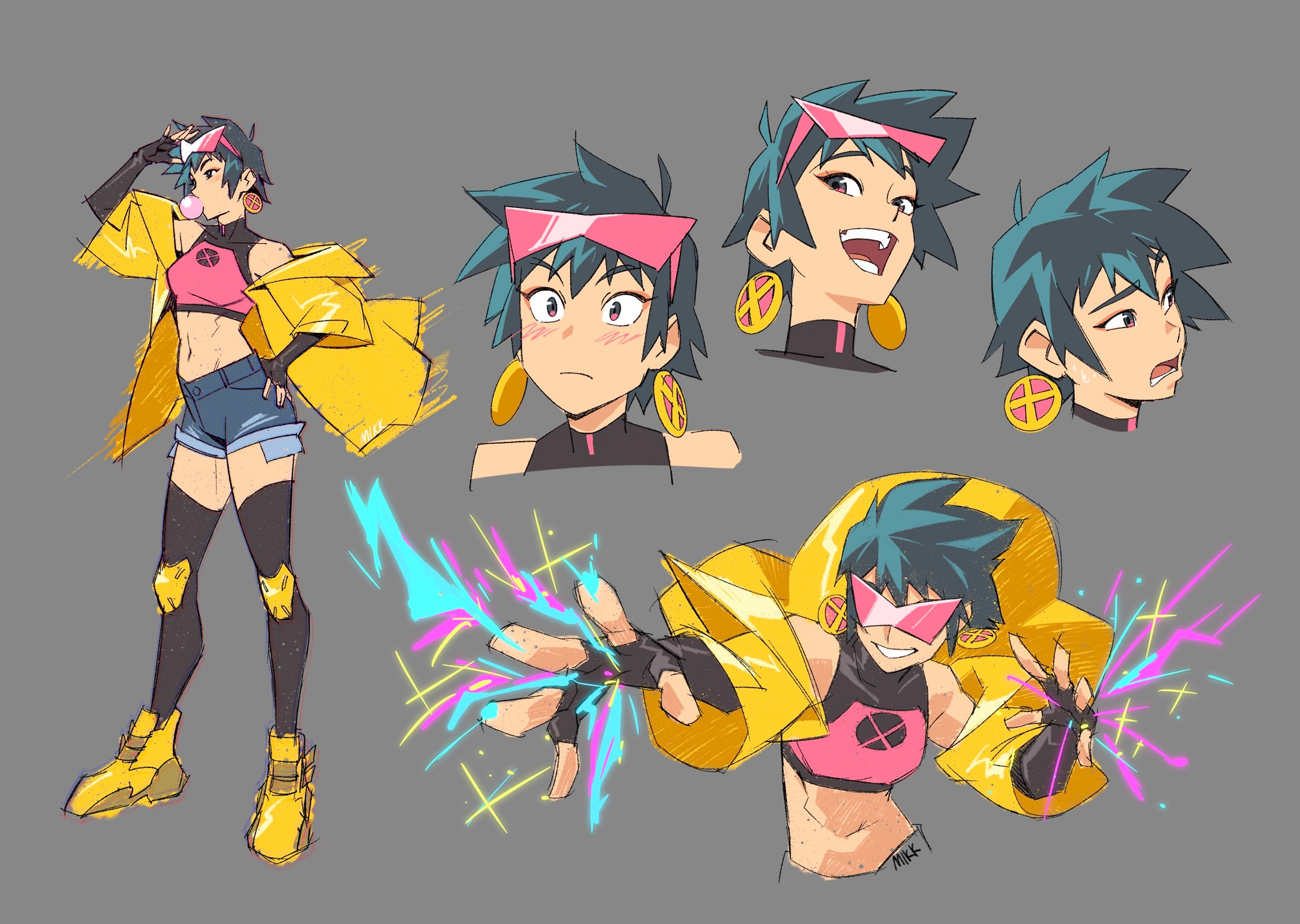 mikkusushi, jubilee, marvel, x-men, commentary, english commentary, highres, 1girl, artist name, black gloves, black hair, black thighhighs, blowing bubble gum, blue shorts, blush, chewing gum, earrings, elbow gloves, eyewear on head, fingerless gloves, full body, glasses, gloves, grey background, grin, hand on own hip, jacket, jewelry, magic, midriff, multiple views, navel, open mouth, pink-tinted eyewear, shoes, shorts, simple background, smile, solo, superhero costume, sweat, thighhighs, tinted eyewear, yellow jacket, yellow shoes