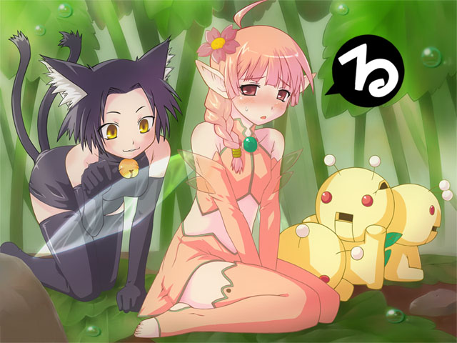 runrun soft, translation request, 2girls, animal ears, bare shoulders, bell, black hair, cat ears, cat tail, fairy, jingle bell, multiple girls, multiple tails, nature, pink hair, pointy ears, red eyes, sleeveless, sleeveless turtleneck, tail, thighhighs, turtleneck, wings, yellow eyes, zettai ryouiki