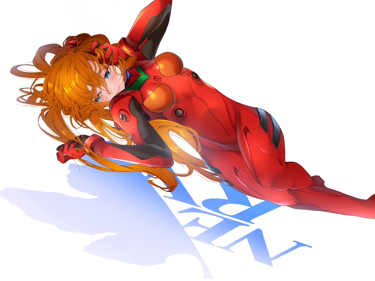 souryuu asuka langley, neon genesis evangelion, artist request, highres, 1girl, blush, bodysuit, breasts, brown hair, closed mouth, cowboy shot, curvy, disheveled, dutch angle, green eyes, hair between eyes, hand in own hair, legs together, logo, long hair, looking back, lying, mecha pilot suit, medium breasts, on side, plugsuit (evangelion), red bodysuit, shiny clothes, simple background, solo, tsundere, white background, wide hips