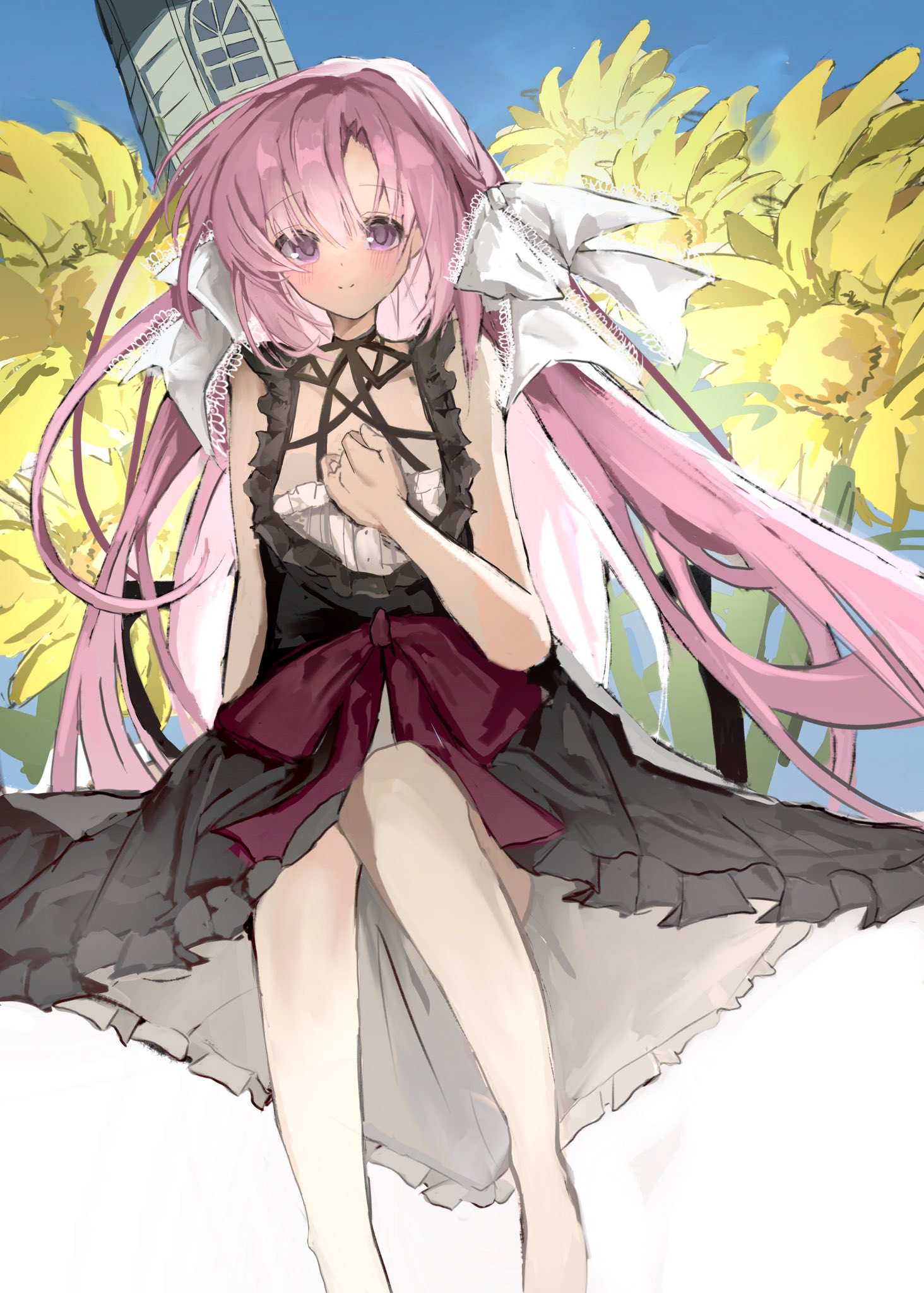 shiro rei419, natsusaki yomi, himawari no kyoukai to nagai natsuyasumi, commentary request, highres, 1girl, arm at side, bare shoulders, barefoot, black dress, black ribbon, blush, bow, clenched hand, closed mouth, cowlick, day, dress, dress bow, field, flower, flower field, foot out of frame, frilled dress, frills, hair between eyes, hair bow, hand up, lace-trimmed bow, lace trim, long hair, looking at viewer, medium dress, neck ribbon, outdoors, pink hair, purple eyes, red bow, ribbon, sidelocks, sitting, sleeveless, sleeveless dress, smile, solo, split mouth, straight hair, sunflower, sunflower field, tareme, very long hair, white bow