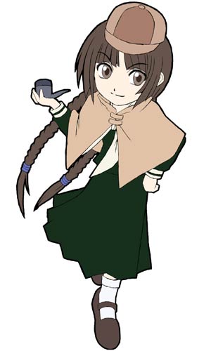 shimazu yoshino, maria-sama ga miteru, lowres, 00s, 1girl, braid, brown eyes, brown hair, capelet, detective, female focus, hand on own hip, holding, holding smoking pipe, school uniform, smile, smoking pipe, solo