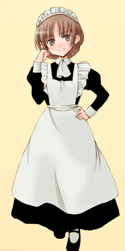 chaccu, shimazu yoshino, maria-sama ga miteru, 00s, 1girl, apron, black shoes, bonnet, braid, brown eyes, brown hair, female focus, hand on own hip, maid, maid apron, shoes, smile, solo, split mouth
