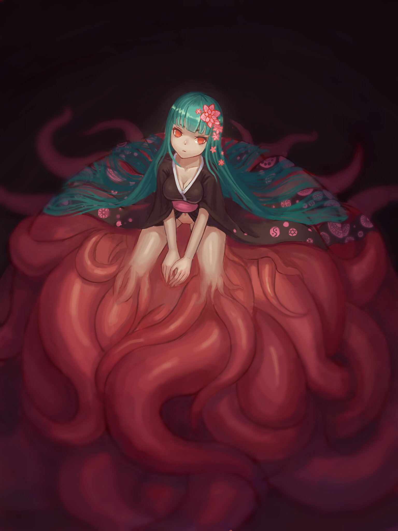 kafkasea, cthulhu, cthulhu mythos, original, commentary, highres, symbol-only commentary, 1girl, :|, annoyed, black dress, blunt bangs, bottomless, breasts, cleavage, closed mouth, crotch, dark, dress, floral print, flower, full body, green hair, hair flower, hair ornament, head tilt, indoors, looking at viewer, monster girl, navel, no pupils, personification, pink flower, pink sash, red eyes, sash, sitting, tentacle girl, tentacles, yin yang, yin yang print