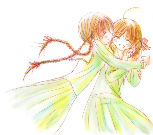fukuzawa yumi, shimazu yoshino, maria-sama ga miteru, 00s, 2girls, braid, brown hair, closed eyes, dress, green dress, hair ribbon, long hair, multiple girls, ribbon, short hair, simple background, smile, twin braids, white background