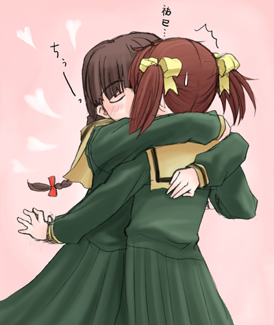 fukuzawa yumi, shimazu yoshino, maria-sama ga miteru, lowres, 00s, 2girls, arms around neck, blush, braid, brown hair, closed eyes, female focus, hair ribbon, hug, kiss, multiple girls, ribbon, school uniform, serafuku, short twintails, skirt, twintails, yuri