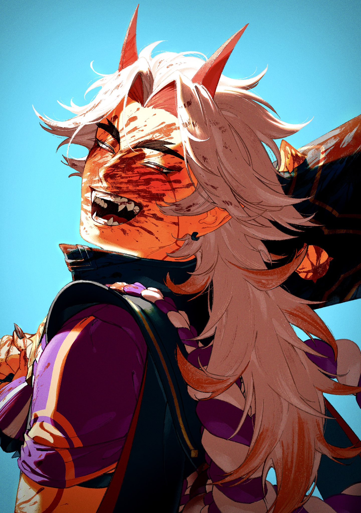 link rui, arataki itto, genshin impact, highres, 1boy, black vest, blood, blood on face, bloody weapon, blue background, club, club (weapon), earrings, fangs, forked eyebrows, holding, holding weapon, jewelry, long hair, long sleeves, looking at viewer, male focus, multicolored hair, open mouth, piercing, popped collar, purple shirt, red eyes, red hair, rope, shimenawa, shirt, smile, solo, spiked club, teeth, upper body, vest, weapon, white hair