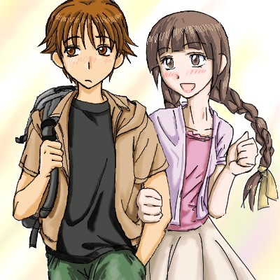 fukuzawa yuuki, shimazu yoshino, maria-sama ga miteru, lowres, 00s, 1boy, 1girl, backpack, bag, blush, braid, brown eyes, brown hair, couple, happy, hetero, locked arms, long hair, randoseru, twin braids