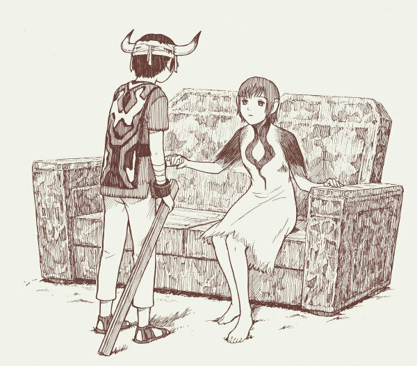 naruko hanaharu, ico (character), yorda, ico, 1boy, 1girl, barefoot, black hair, brown theme, couch, cross-eyed, dress, feet, grey hair, hetero, holding hands, horns, monochrome, plank, sketch, tabard, white dress