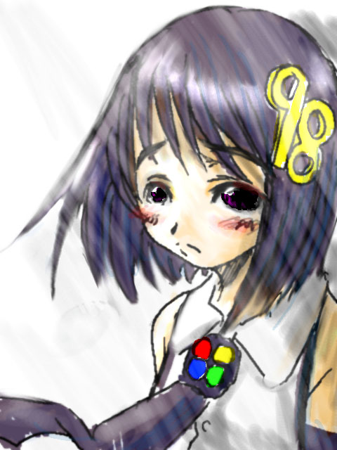 98-tan, os-tan, 1girl, black hair, blush, female focus, frown, hair ornament, hairpin, necktie, purple eyes, short hair, simple background, solo, white background