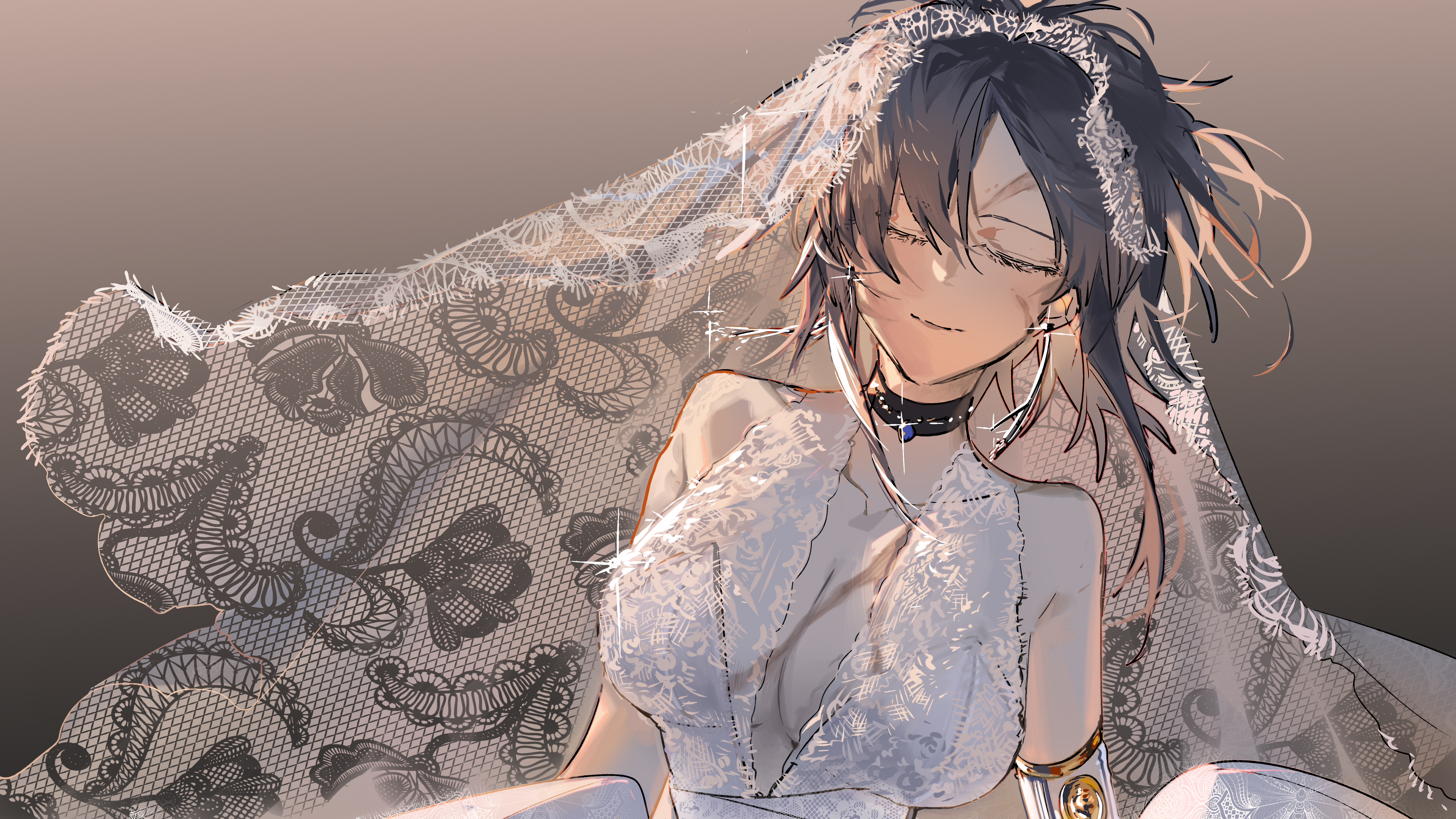 blueblossom, angelia (girls' frontline), girls' frontline, absurdres, highres, 1girl, breasts, bridal veil, closed eyes, closed mouth, dress, mechanical arms, prosthesis, prosthetic arm, scar, scar on chest, scar on face, single mechanical arm, smile, veil