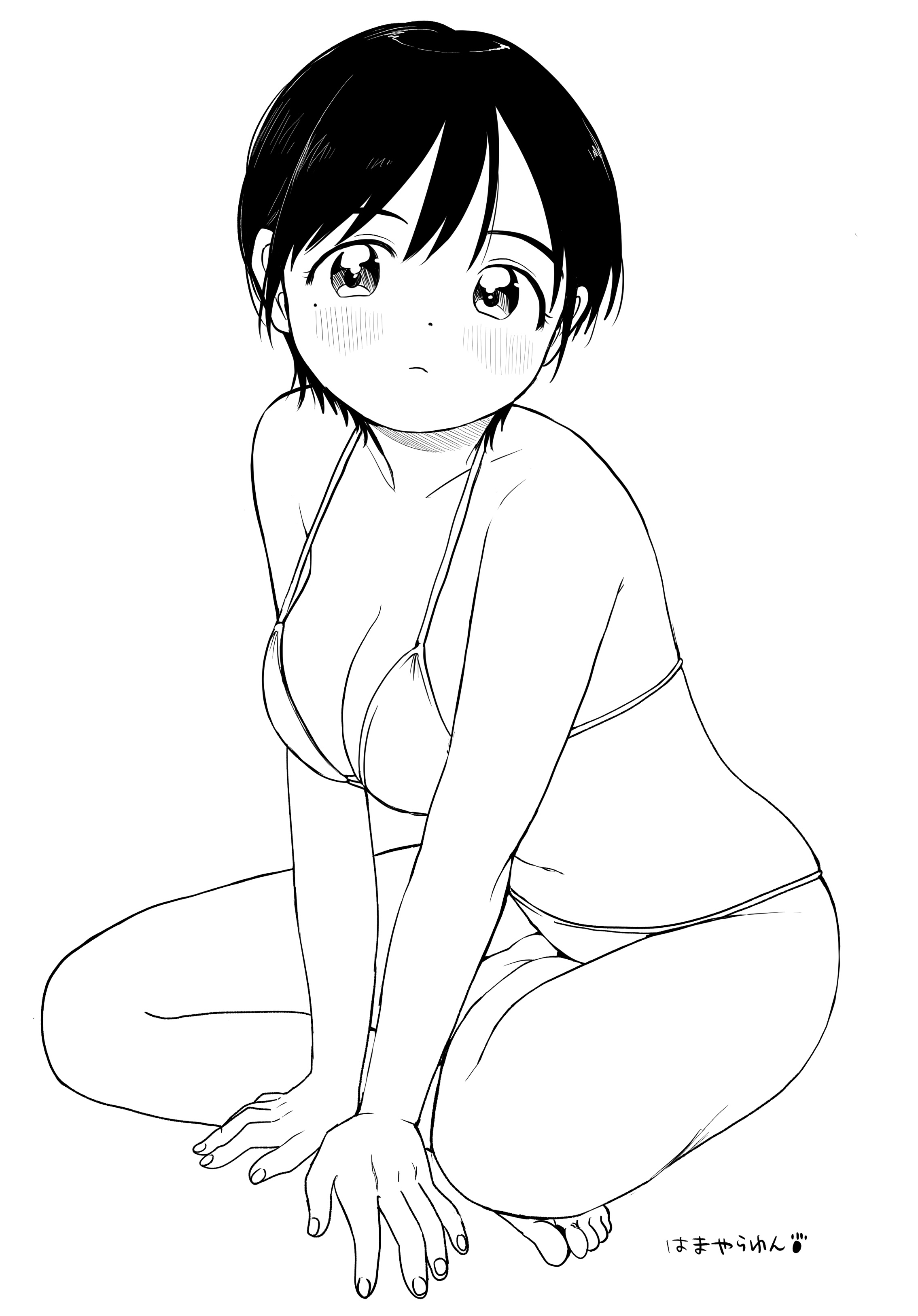 nagomurasan, comitia, original, absurdres, highres, 1girl, artist name, bare shoulders, barefoot, bikini, black hair, blush, breasts, collarbone, dot nose, double-parted bangs, fingernails, full body, large breasts, lineart, looking at viewer, mole, mole under eye, monochrome, short hair, signature, sitting, solo, swimsuit