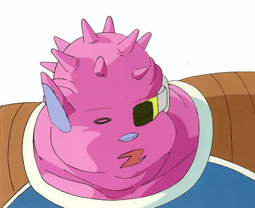 dodoria, normad, broccoli (company), dragon ball, dragonball z, galaxy angel, alien, color connection, colored skin, crossover, fusion, no humans, parody, pink skin, pointy ears, scouter, simple background, solo, spikes, white background