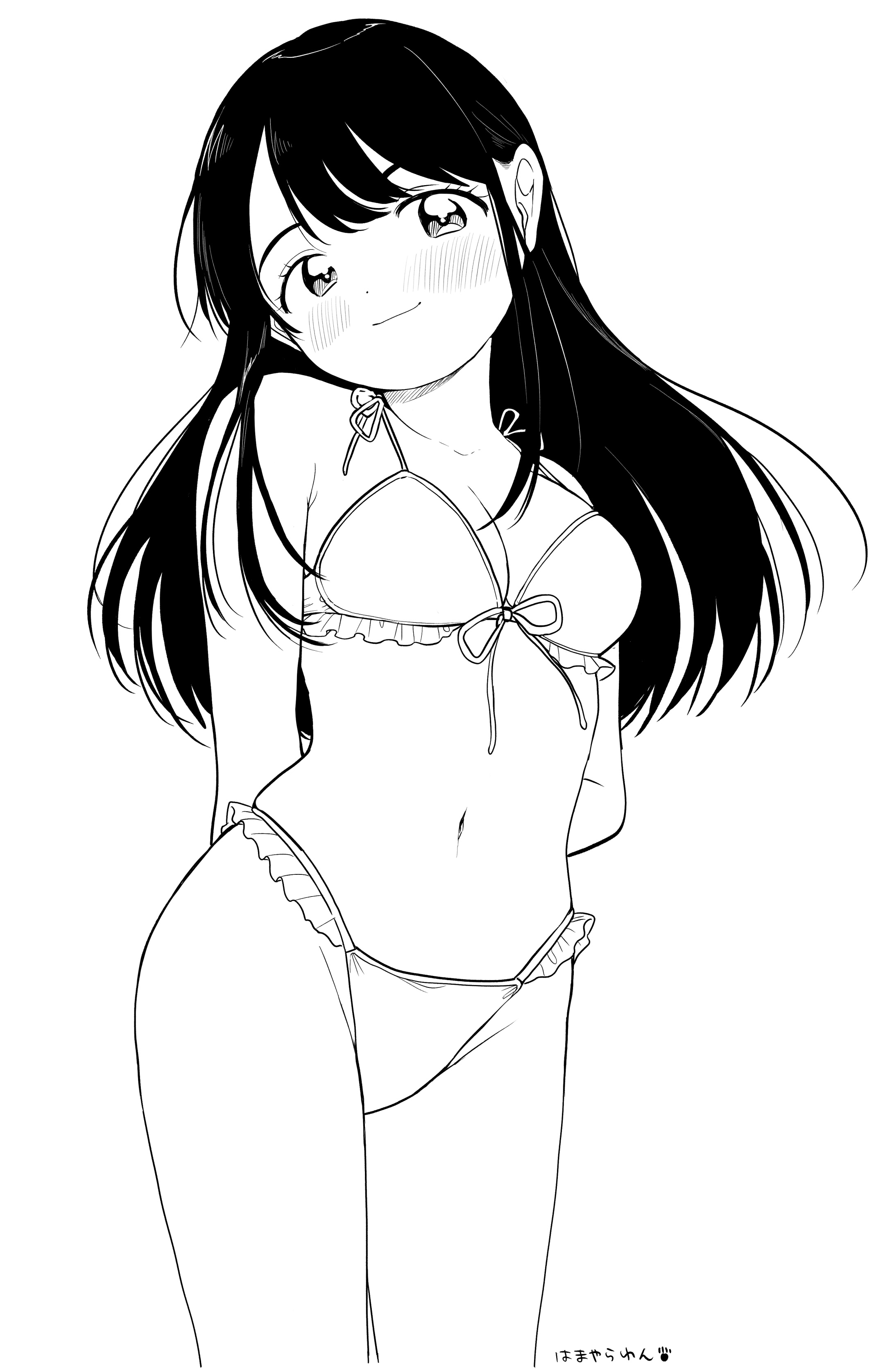 nagomurasan, comitia, original, absurdres, highres, 1girl, arms behind back, artist name, bare shoulders, bikini, black hair, blush, closed mouth, cowboy shot, dot nose, double-parted bangs, frilled bikini, frilled bikini top, frills, front-tie top, head tilt, lineart, long hair, looking at viewer, monochrome, navel, sidelocks, signature, smile, solo, swimsuit, thighs