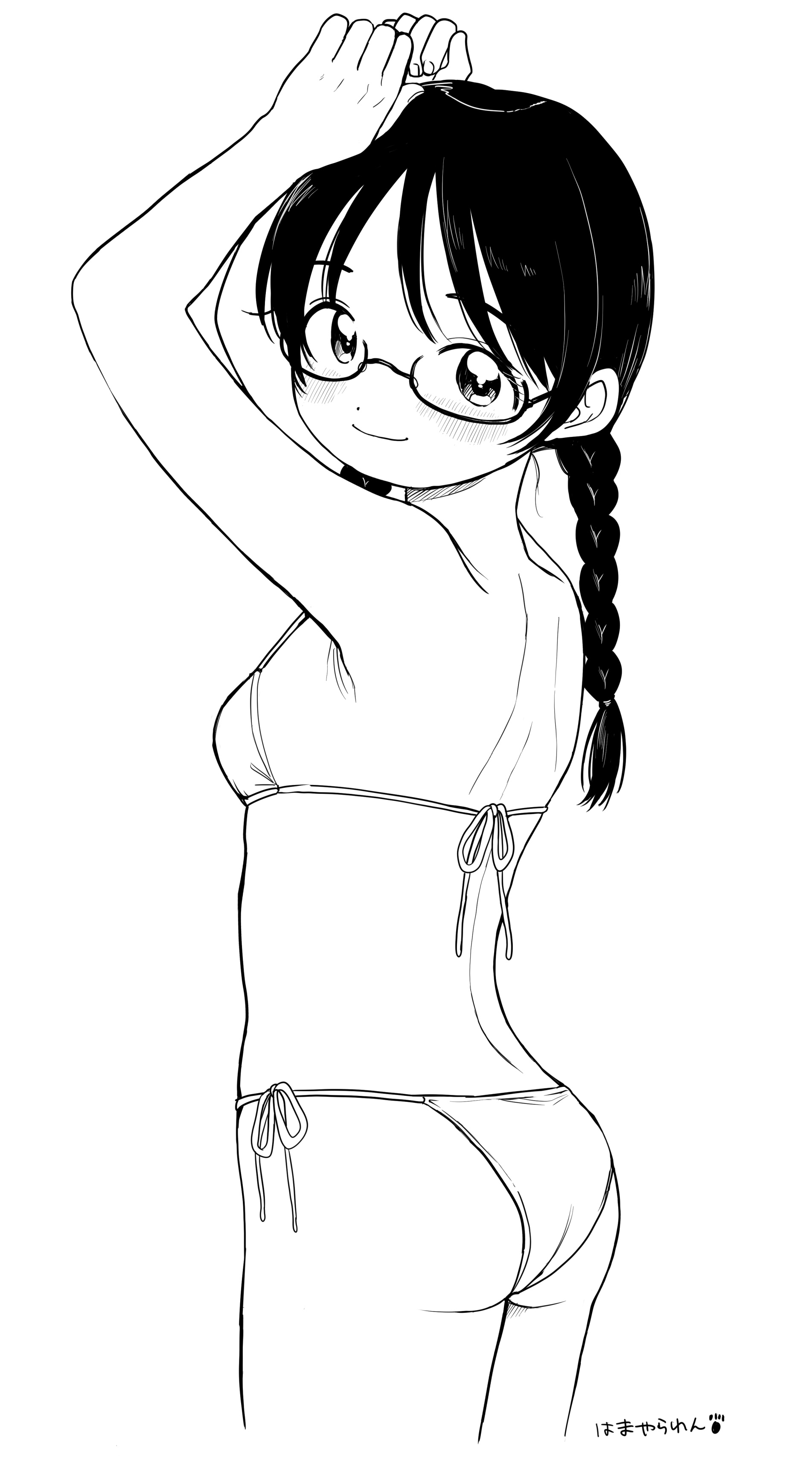 nagomurasan, comitia, original, absurdres, highres, 1girl, arms up, artist name, ass, bikini, braid, cowboy shot, dot nose, glasses, hands on own head, lineart, looking at viewer, looking back, monochrome, parted bangs, side-tie bikini bottom, signature, smile, solo, swimsuit, twin braids