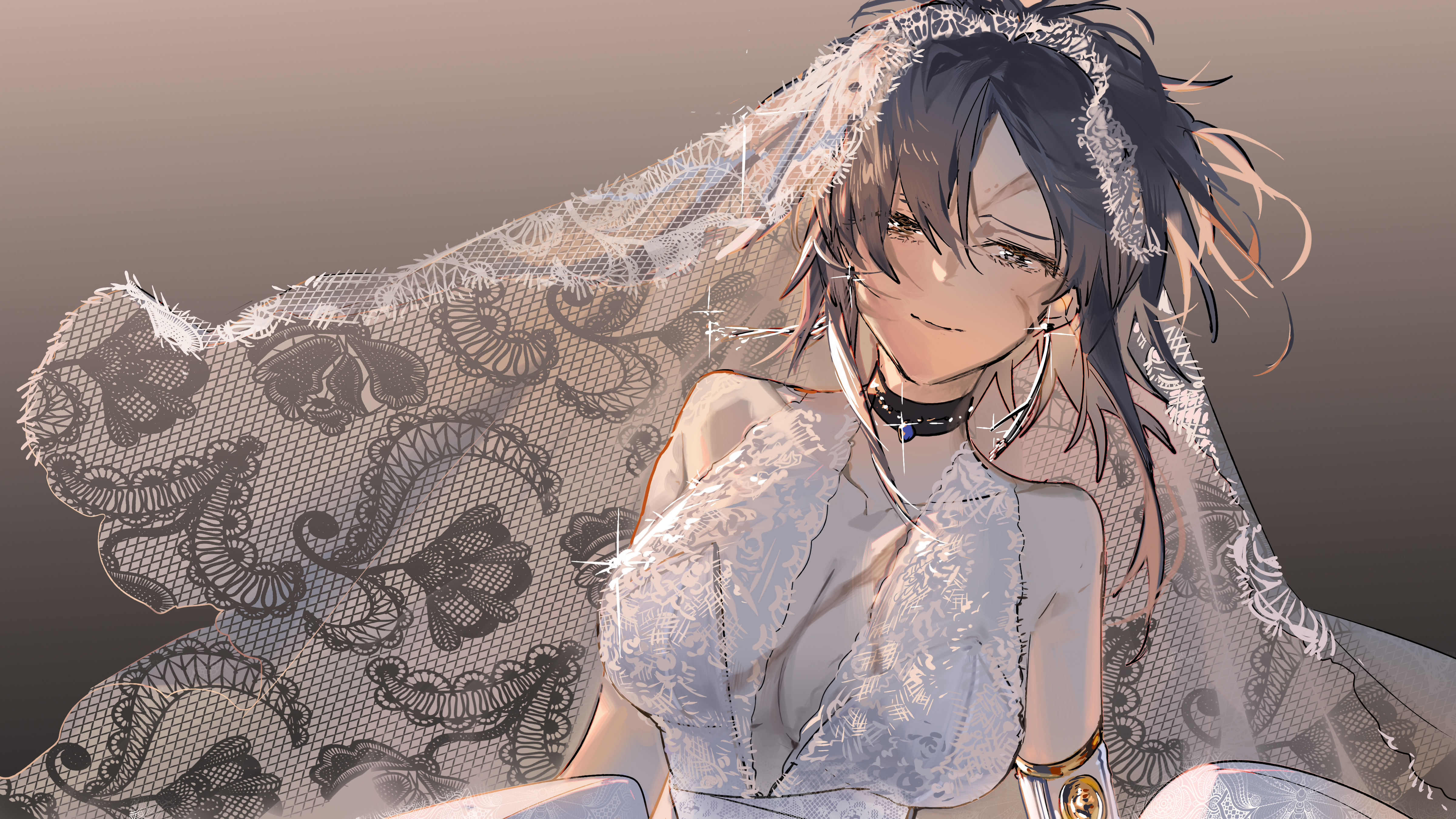blueblossom, angelia (girls' frontline), girls' frontline, absurdres, highres, 1girl, breasts, bridal veil, bride, dress, mechanical arms, prosthesis, prosthetic arm, scar, scar on chest, scar on face, single mechanical arm, veil, wedding, wedding dress